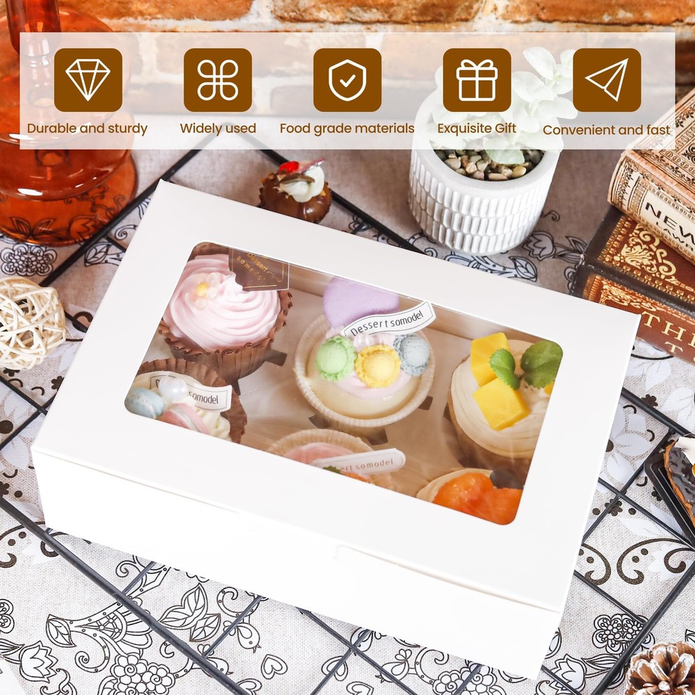 6 Pack Cupcake Boxes with Inserts 6 Holders, White Standard Bakery Boxes with...