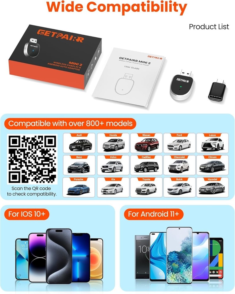 GetPairr Mini 2-in-1 Wireless Adapter for CarPlay & Android Auto Plug & Play