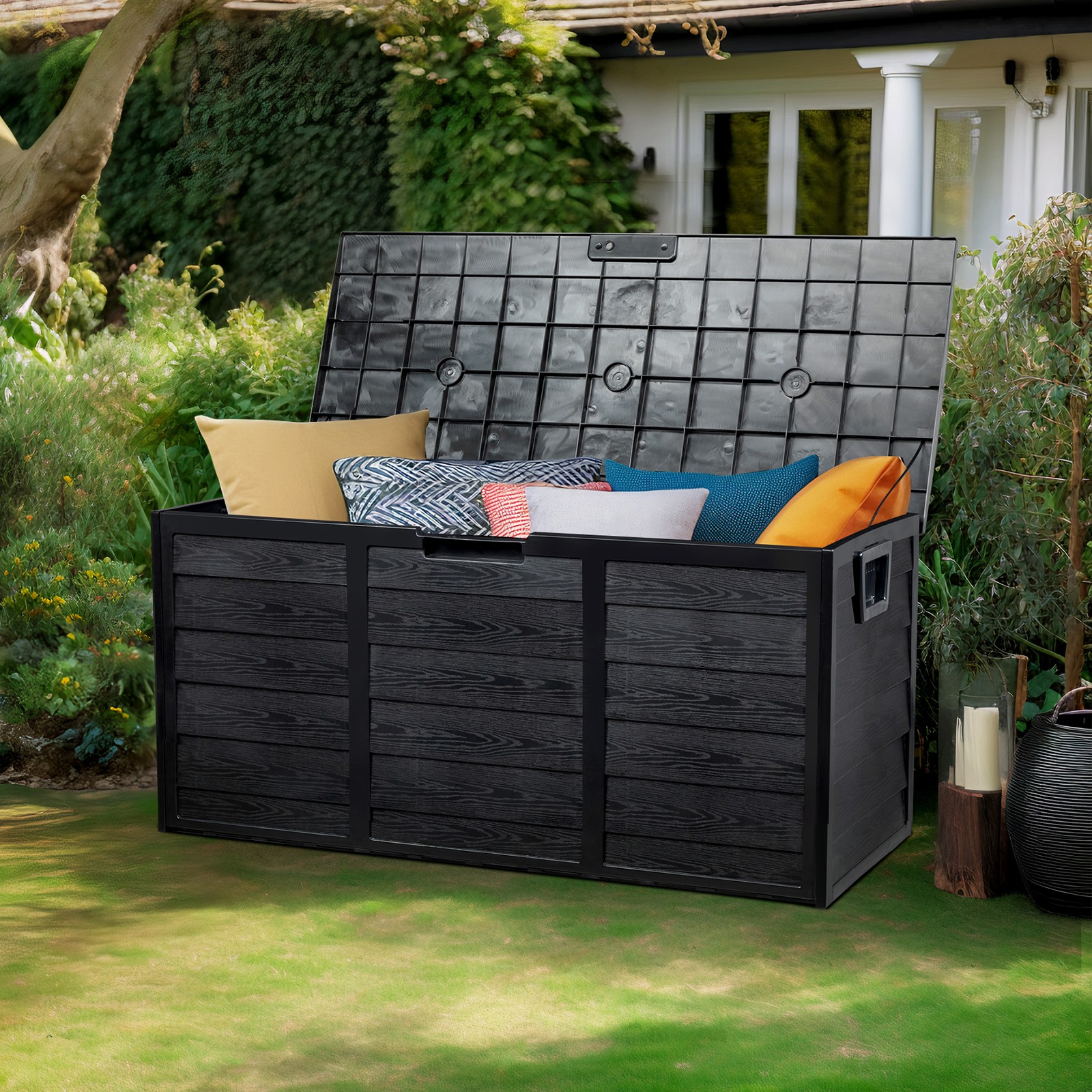 75 Gallon Outdoor Patio Storage Deck Box Garden Bench Weatherproof Resin Black