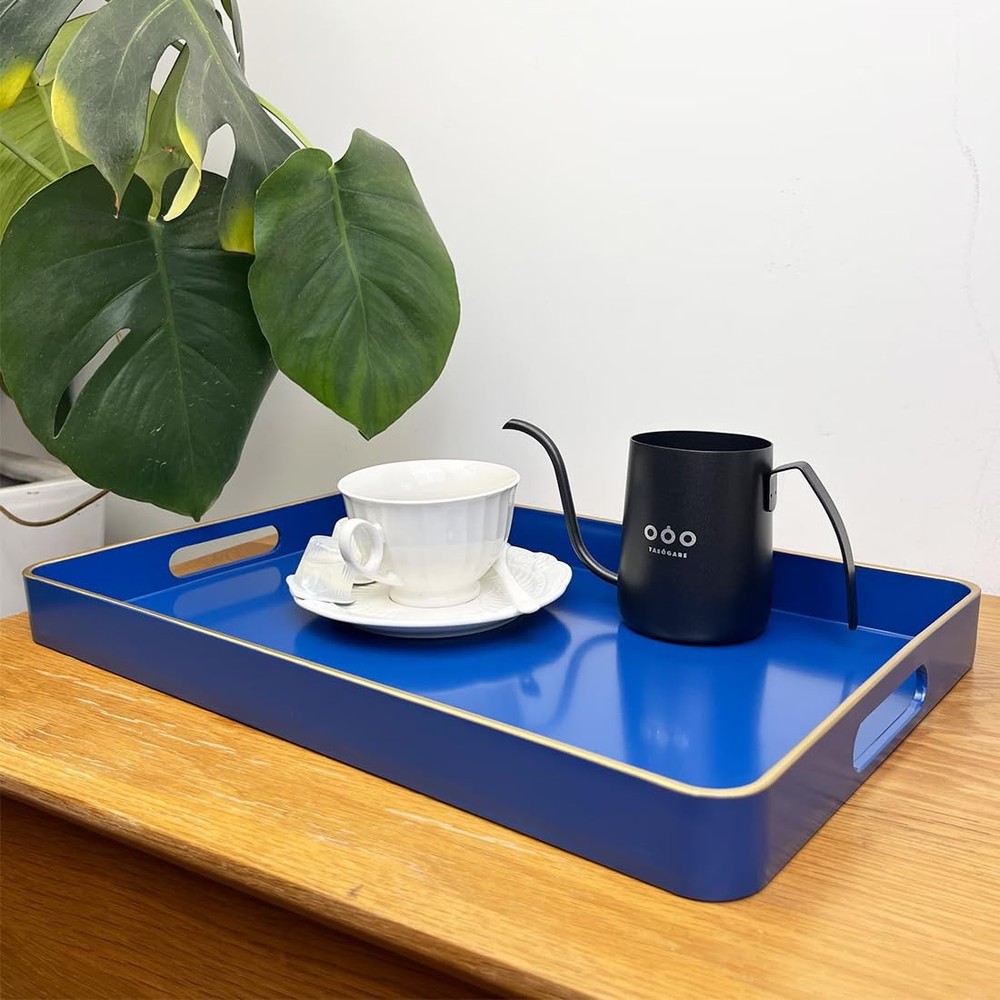 Navy Blue Serving Tray with Handles, Rectangular Decorative Tray for Coffee T...
