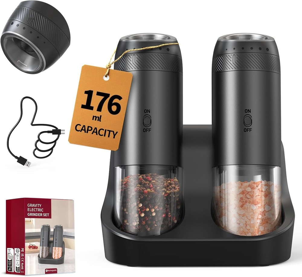 Electric Gravity Pepper Grinder Rechargeable Automatic Salt Mill LED Adjustable
