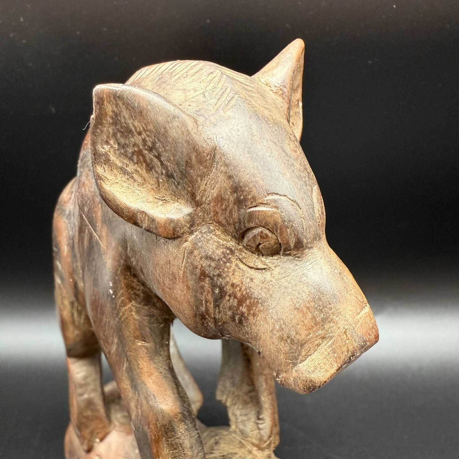 Vintage Hand-Carved Wood Animal Sculpture – Wild Boar Standing Over Lion – Triba