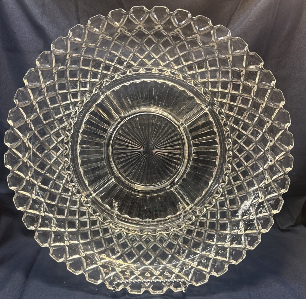 Glass Diamond Cut Sawtooth Multi Sectioned Round Serving Platter 13.9" Diameter