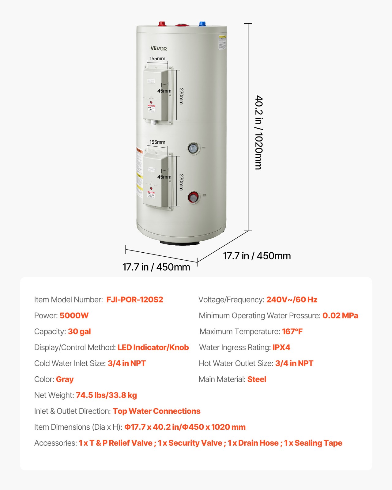 VEVOR 30 Gal Electric Tank Hot Water Heater 5000W 240V Point of Use T&P Value