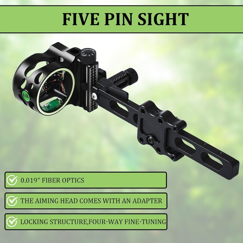 5 Pin Compound Bow Sight 0.019" Micro Fiber Optic Pins Tool Less Micro Adjust
