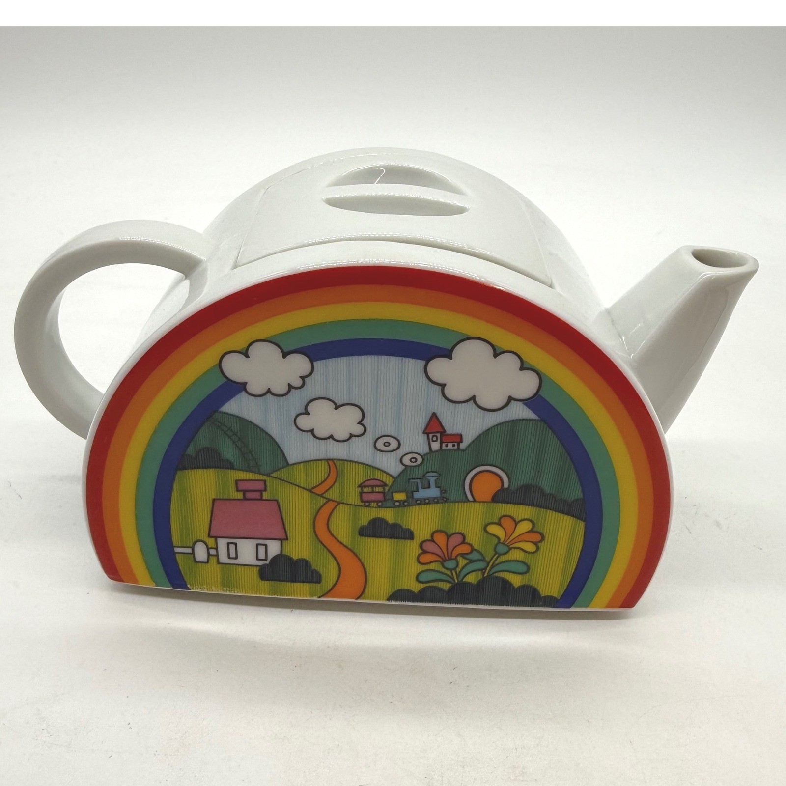 Vtg 80s Rainbow Landscape Ceramic Teapot Semi Circle Pop Art Novelty Kitsch