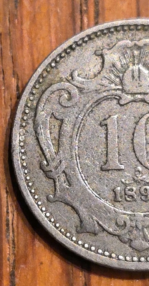 1893 Austria 10 Heller, Double Head Imperial Eagle, Value, Date Ornate Shield.