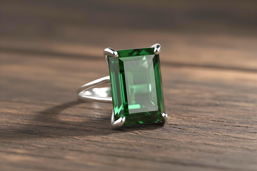 Emerald Gemstone Ring Anemone 14k Gold Rectangle Cut Double Band