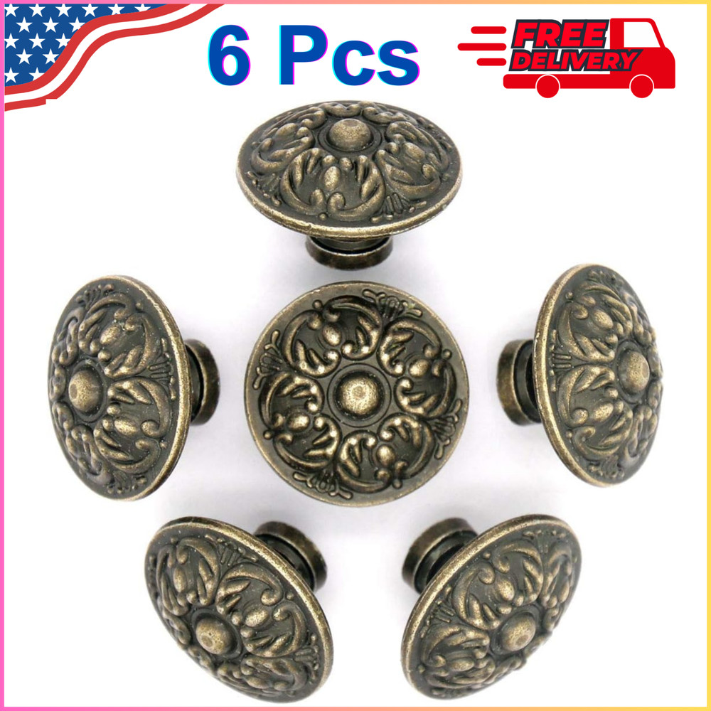 6 Pcs Vintage Antique Brass Knobs Handles Pulls with Flower Pattern For Cabinet