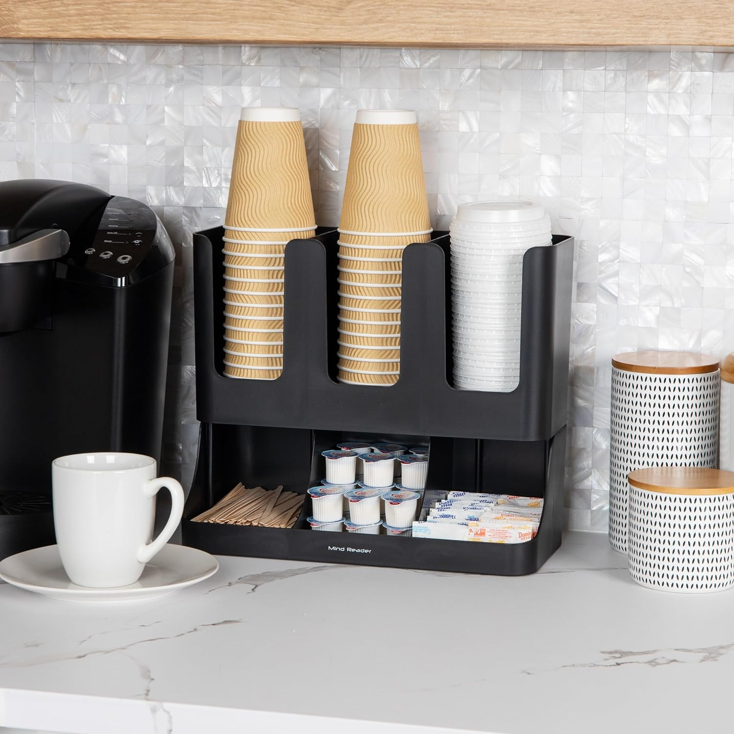 Cup and Condiment Station, Countertop Coffee Bar Organizer with 6 Compartments,