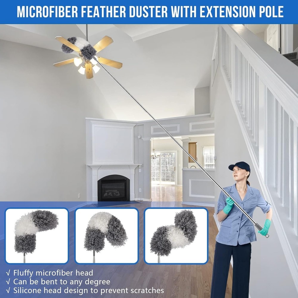 5-Pcs Washable Feather Duster Set with 30-100" Telescopic Pole - Clean with Ease