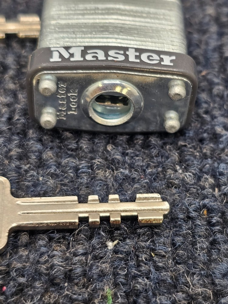 (QTY 4) Master Lock Padlock Rectangular Silver Steel 1-1/8"H W/ Keys