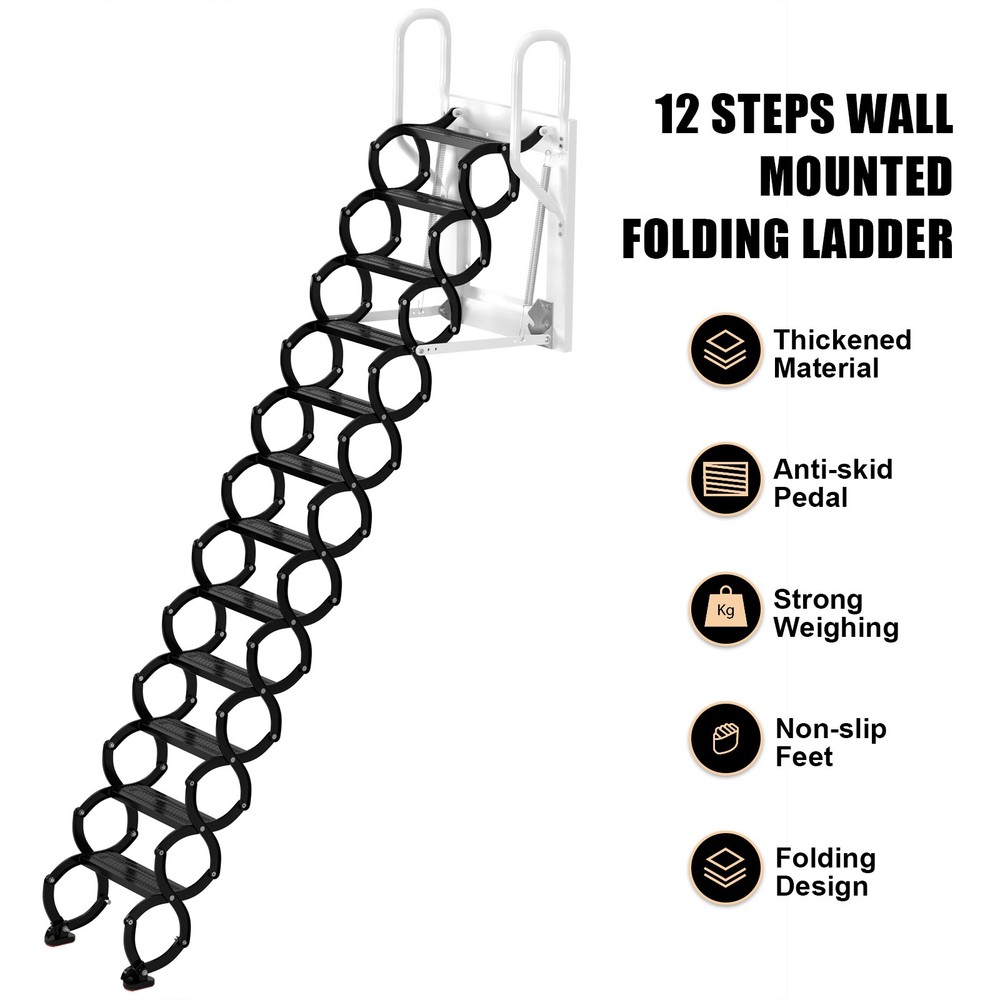 Wall Mounted Folding Ladder Black Loft Attic Stairs Pull down 12 Steps👍