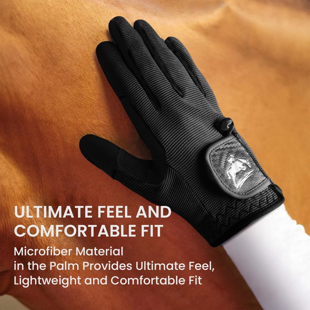 Large Black Stretchable Horse Riding Gloves Durable Breathable Grip Multipurpose
