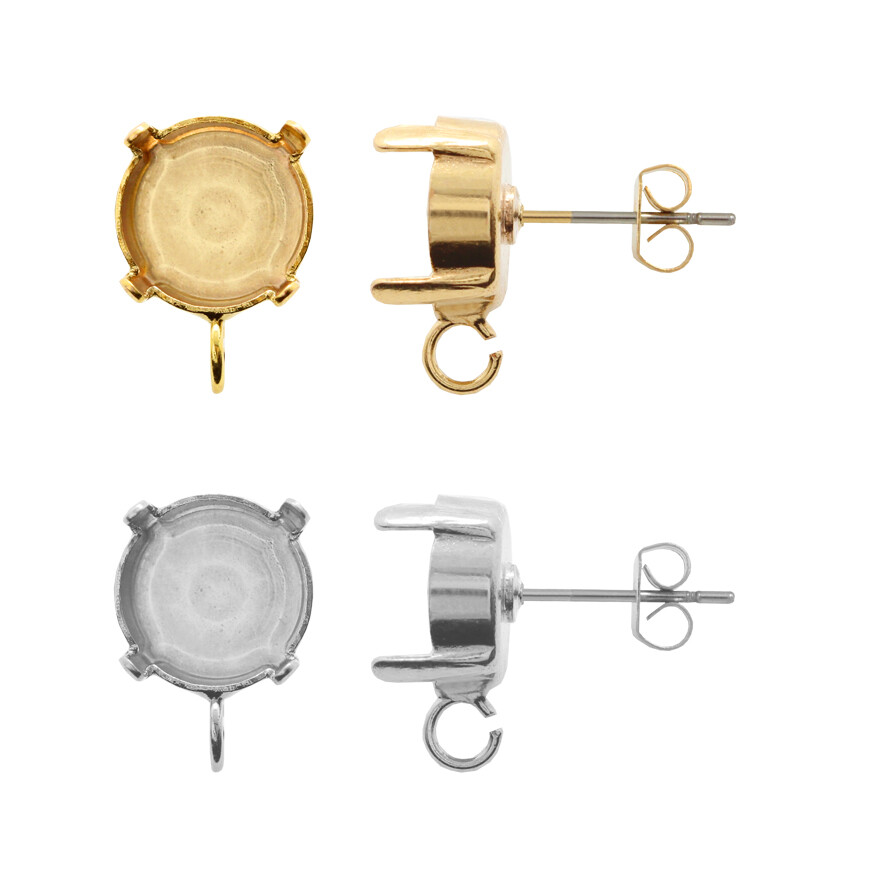 Brass Stud Post Earring Bases with Open Loop for Rivoli Shape Round Crystals