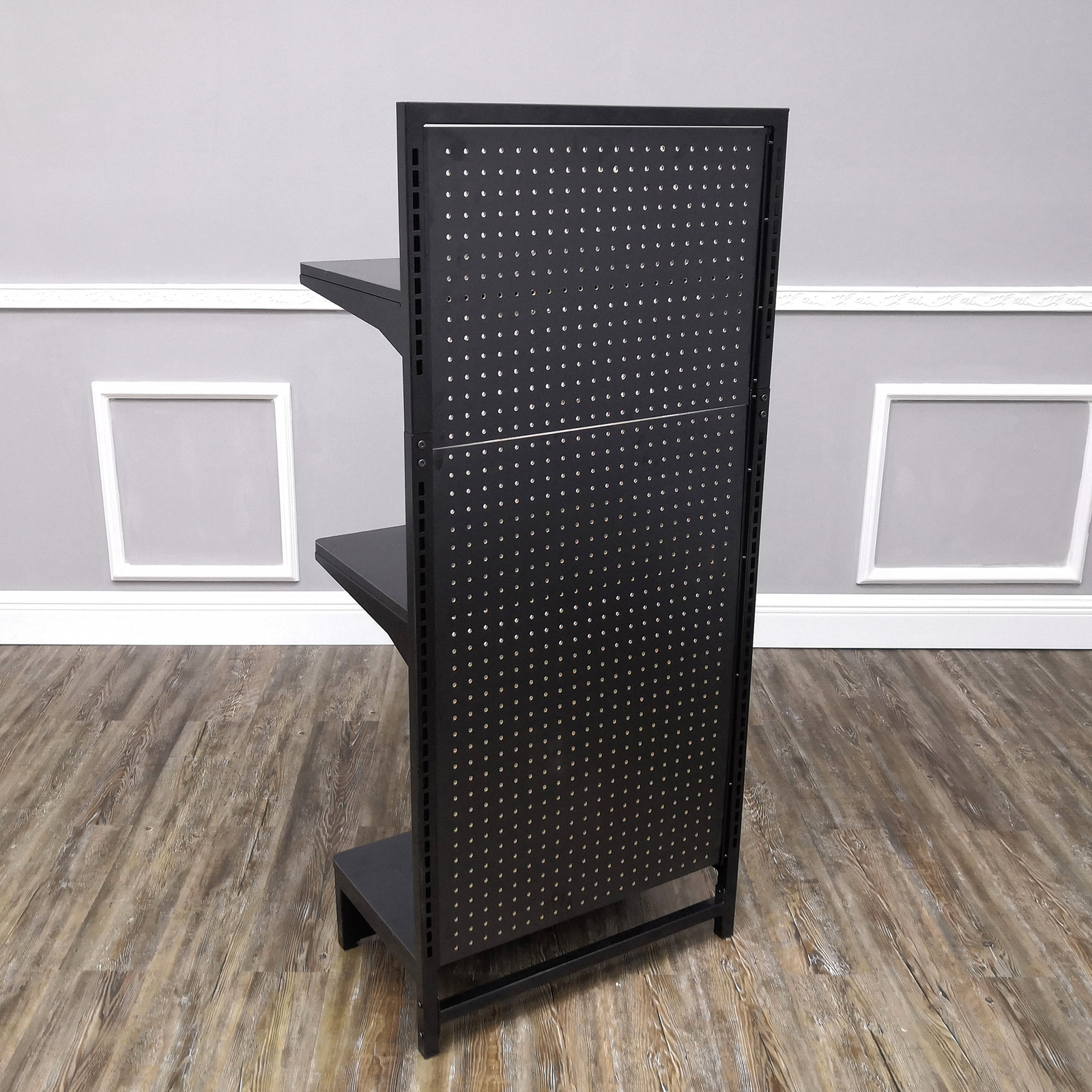 24.0" Wide Gondola Rack Stand with Two Shelves Black Pegboard Display