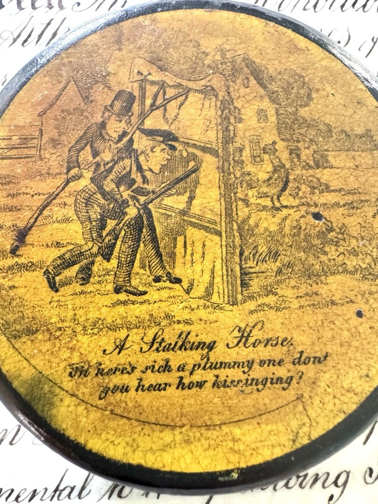 Antique Paper Mache Snuff Box Unique Scene 3”
