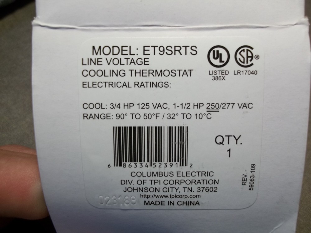TPI Line Voltage Thermostat Single Pole Cooling Only ET9SRTS