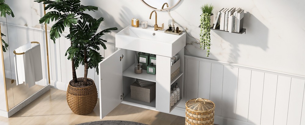 21.6"Wall Mounted Bathroom Vanity W/Ceramic Basin Small Space Right Side Storage