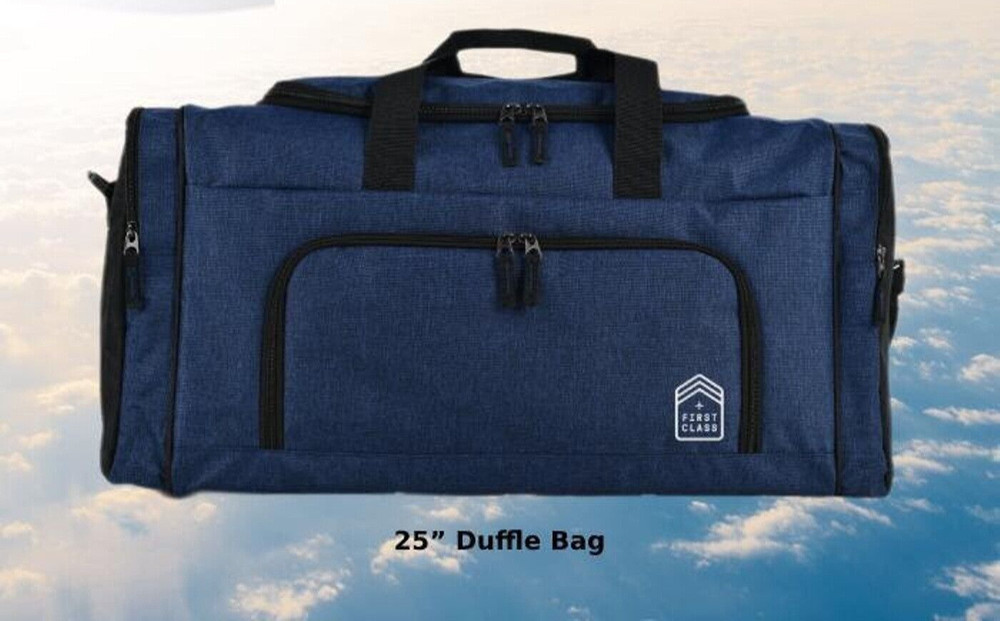 First Class 25" Blue Duffle Bag Double Handles Adj Strap Durable 600D Polyester