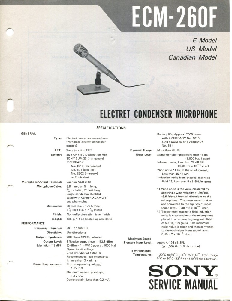 Sony Model ECM-260F Electret Condenser Microphone Service Manual