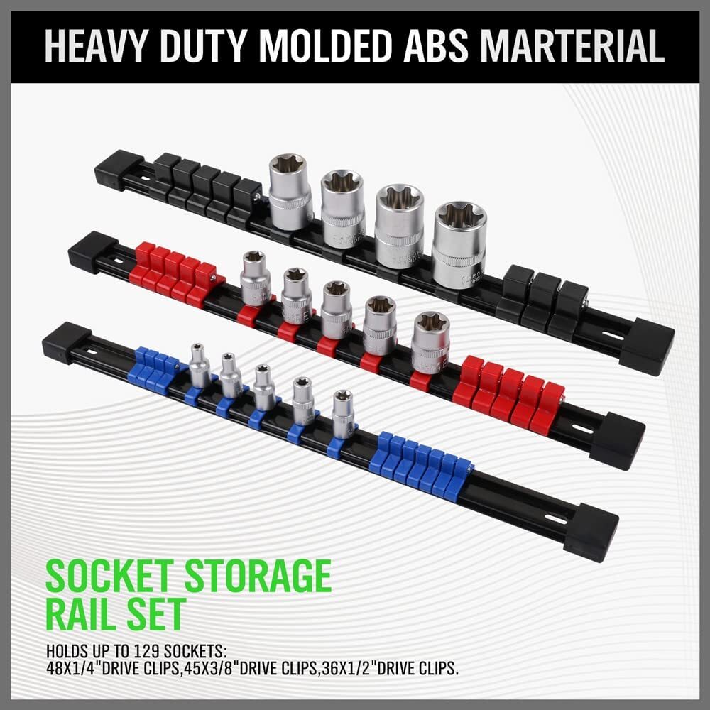 9PC Socket Organizer Holder Tool Storage Rail Rack 1/4" 3/8" 1/2" Industrial 14"