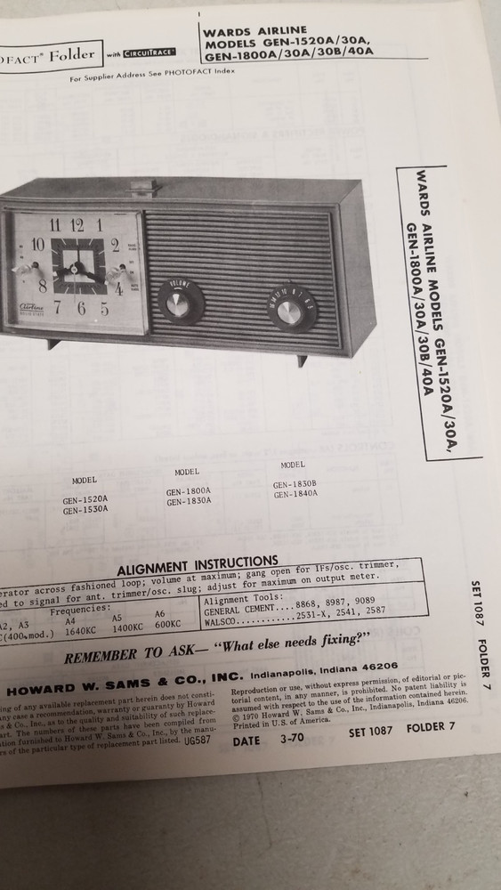 Sams Photofact Set 1087 3/70 missing folder #2 (D)