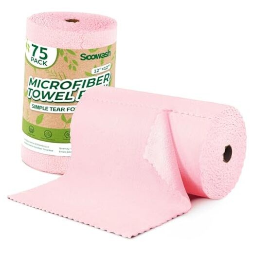 Microfiber Cleaning Cloths Roll, 75 Pack Tear Away Microfiber 75 pack Pink