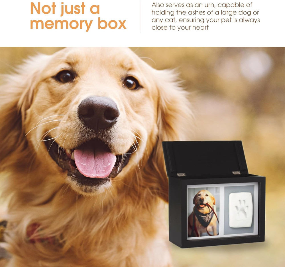 Pet Memory Box & Urn – Solid Wood, Black Finish, Personalized Keepsake with Clay