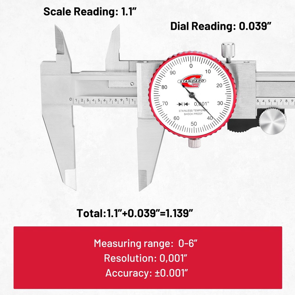 0-6" Range SAE Dial Caliper Measuring Tool, Analog Precision Micrometer Calip...