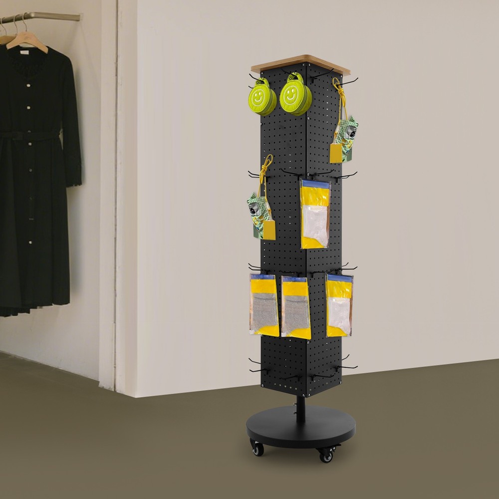 Perforated Panel Display Stand 360° Rotatable Display Rack with 30 Hooks Grocery