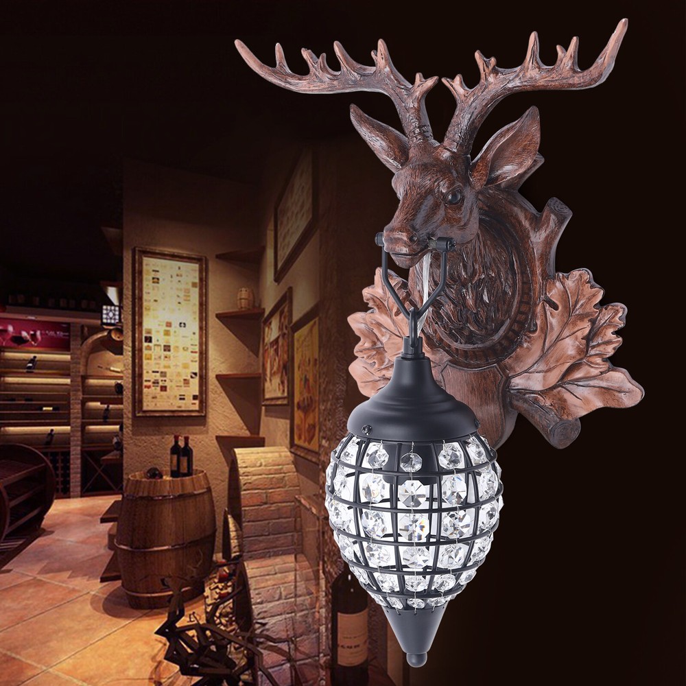 Rustic Deer Light Antler Crystal Wall Sconce Lighting Wildlife Home Decor 110V