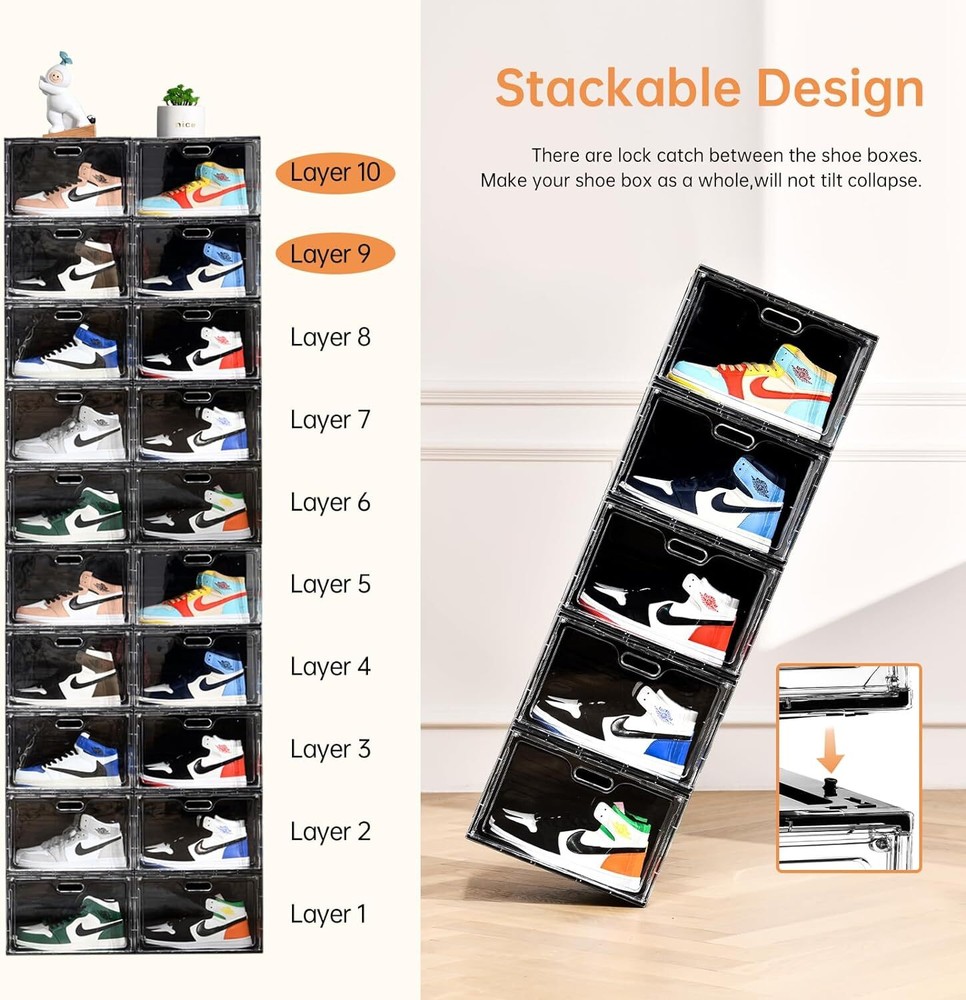 13x10.6x8.3” 8PC Shoe Boxes Stackable Large Drop Side Shoe Storage Organizer
