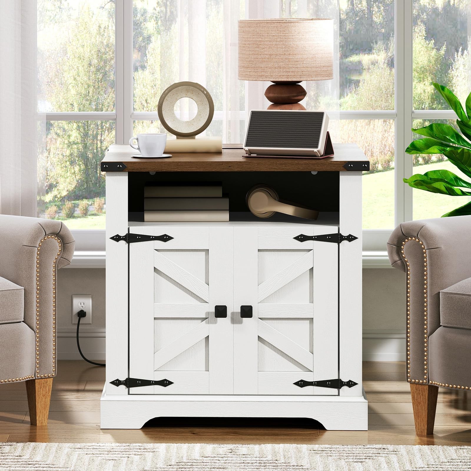 Farmhouse End Table with Charging Station Barn Door Flip Top
