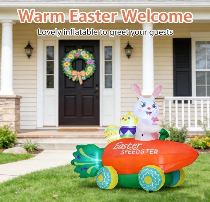 Inflatable Easter Bunny with Carrot Car and Easter Eggs, 6FT Easter Inflatables