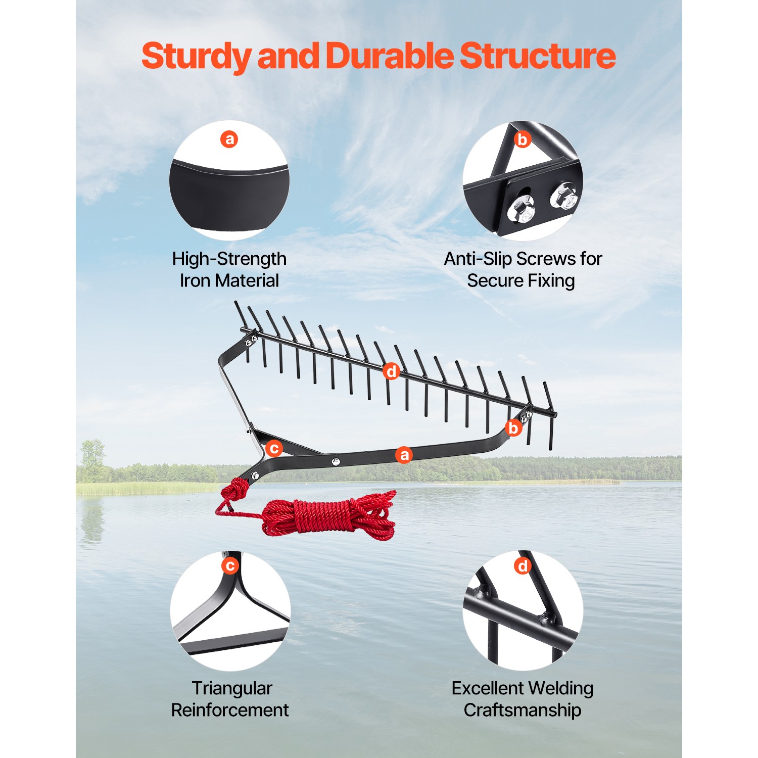 32x6.3 in Pond Aquatic Weed Rake Double-Sided Lake Weed Removal Rake 30ft Rope