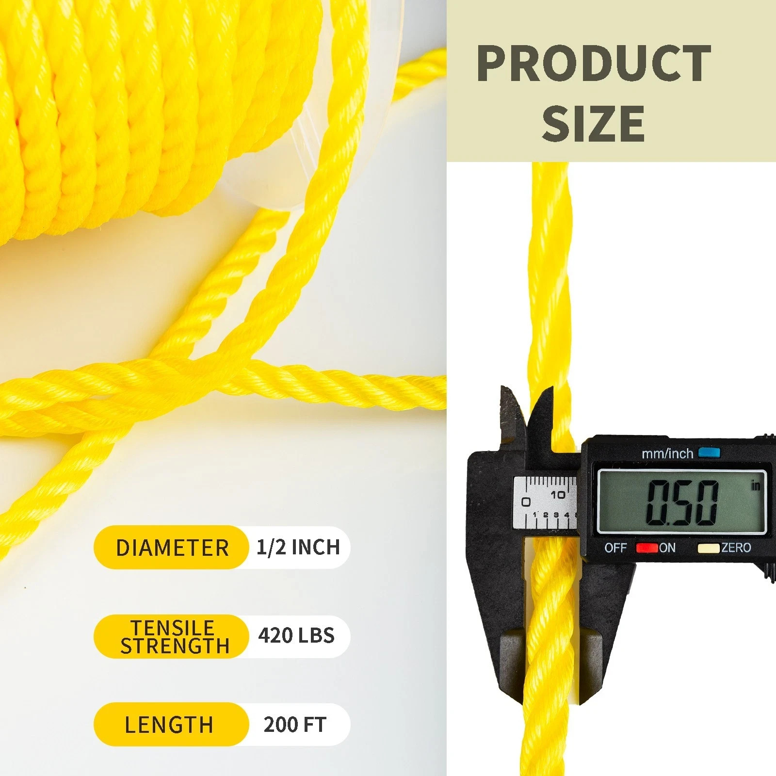 1/2 200'' Floatable 3-Strand Yellow Twisted Polypropylene Rope