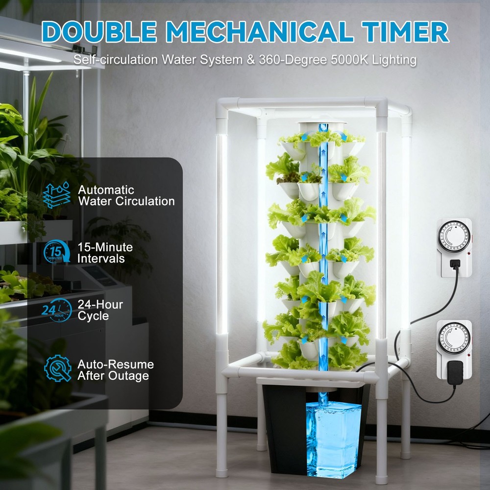 Vertical Hydroponic Tower: 6-Tier, 30-Pod Grow Light & Timer with Water Pump
