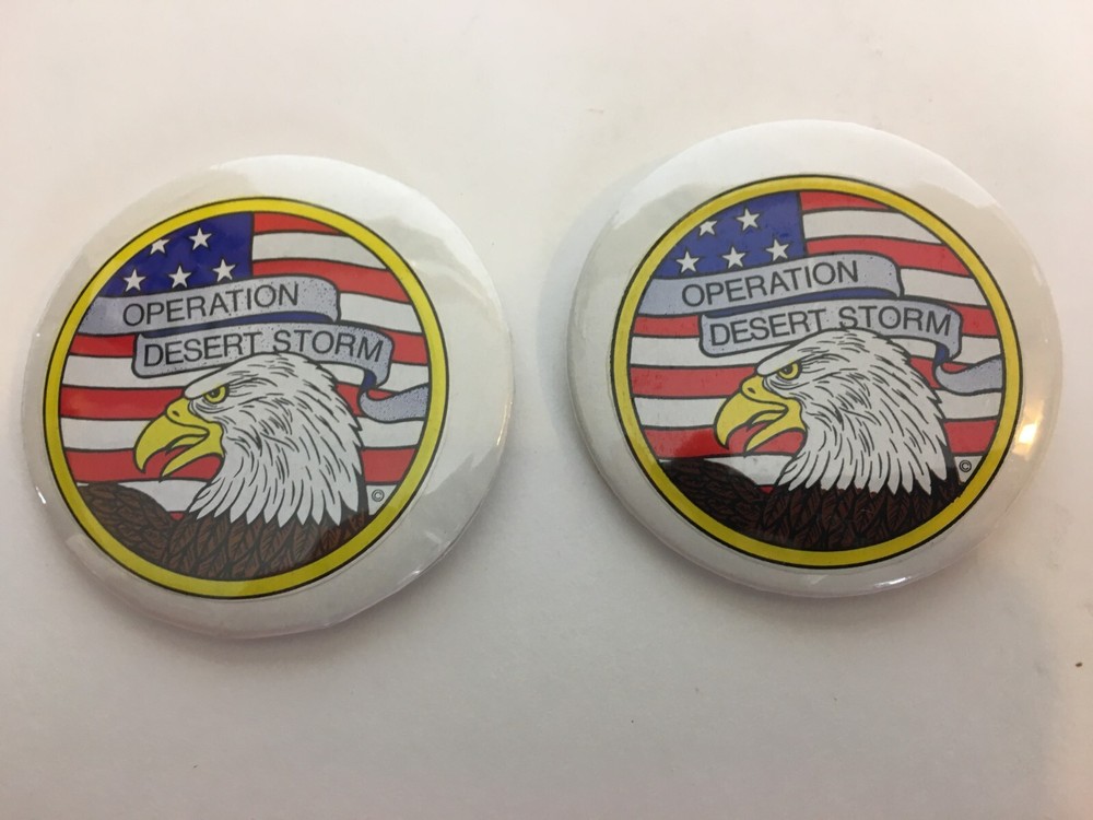 (2) 1990 Operation Desert Storm Pinback Button Support Troops USA American Eagle
