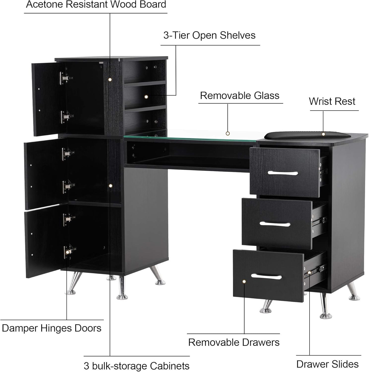 BarberPub 2611 Manicure Table Nail Makeup Desk Workstation