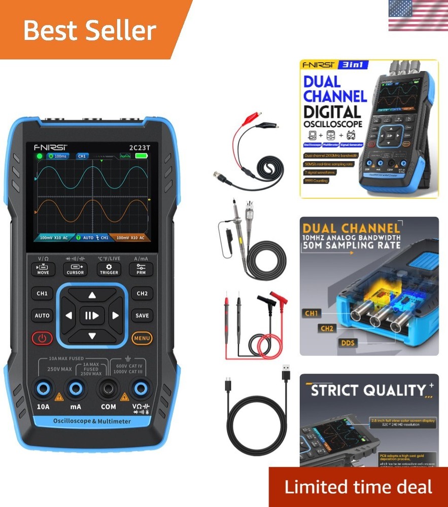 Compact 2-Channel Oscilloscope Multimeter with Signal Generator, Battery Powered