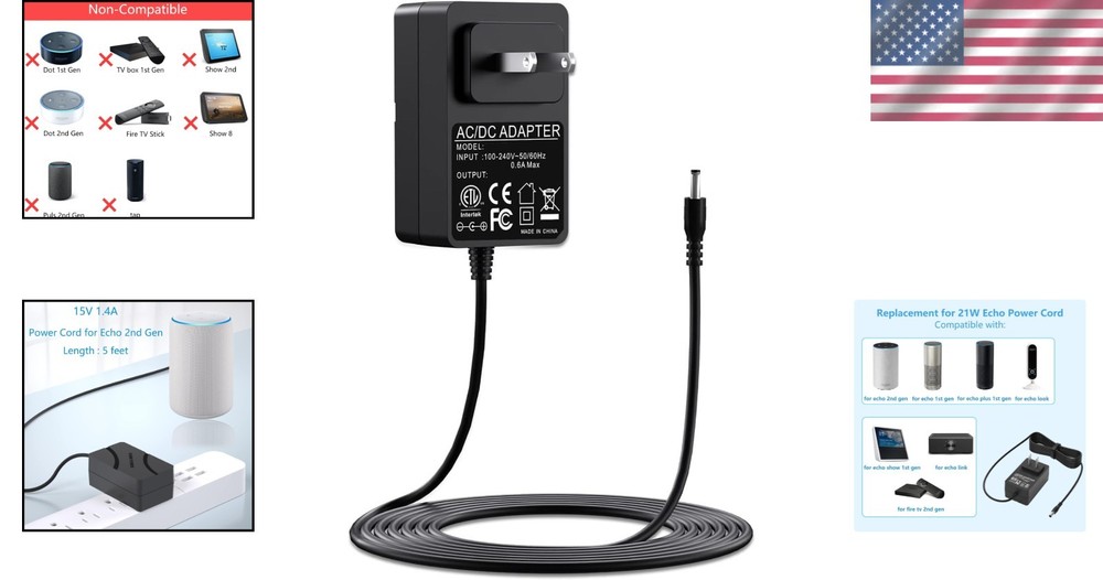 Replacement Power Cord 21W - Compatible with Echo & Fire TV