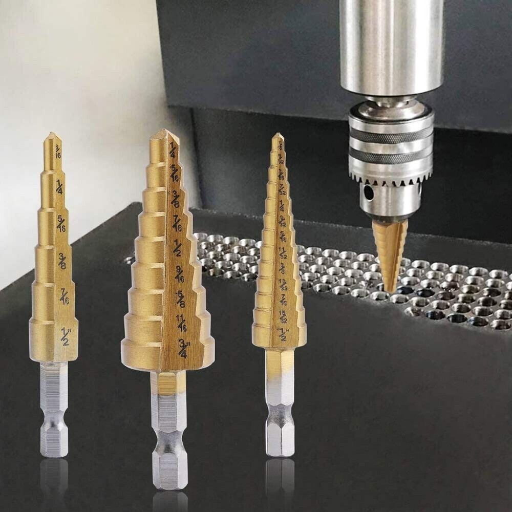 Step Drill Bit Set - Titanium Coated,High Speed Steel Drill Cone Bits,3-Piece