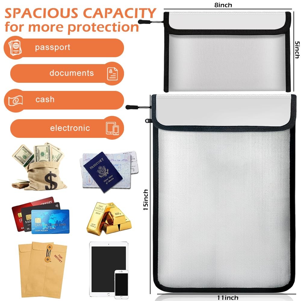 Fireproof Waterproof Document Bag - 2000℉ Protection, Upgraded Two Pockets, R...