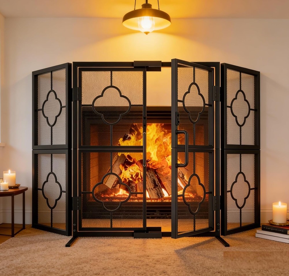 Durable 3-Panel Wrought Iron Fireplace Screen, Foldable & Adjustable - 48" x 28"