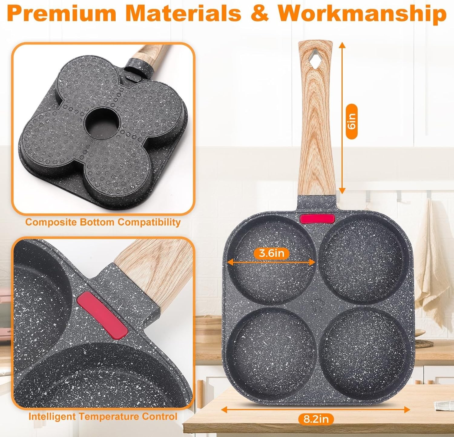 4 Hole Cup Egg Hamburger Pancake Maker Non-Stick Frying Pan with Wooden Handle