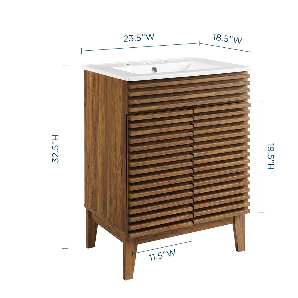 Modway Render Mid-Century Bathroom Vanity With Sink in Walnut White
