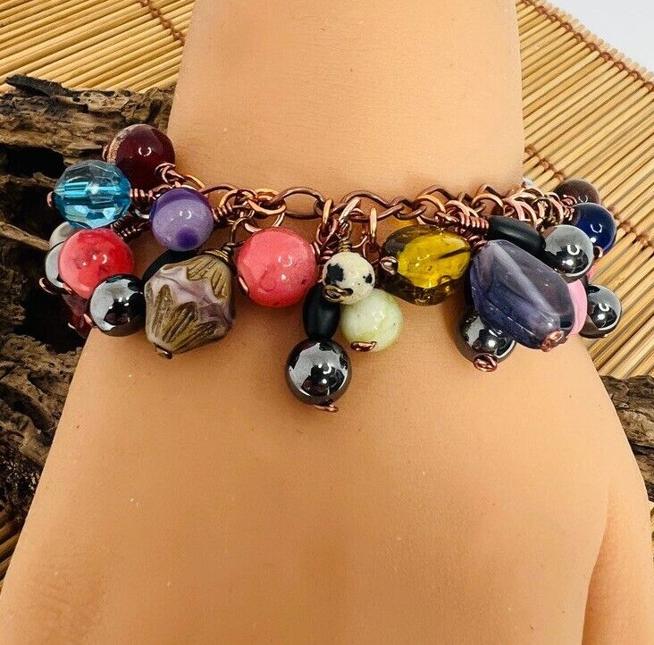 Gemstone Bead Copper Tone Elephant Closure Dangle Bracelet Boho MultiColor