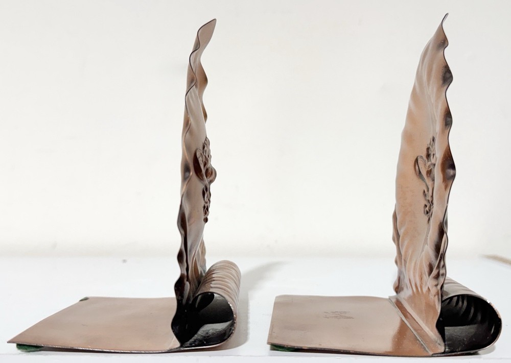 Vintage Gregorian Solid Copper Book Ends Pair Embossed Flower Marked Bookends