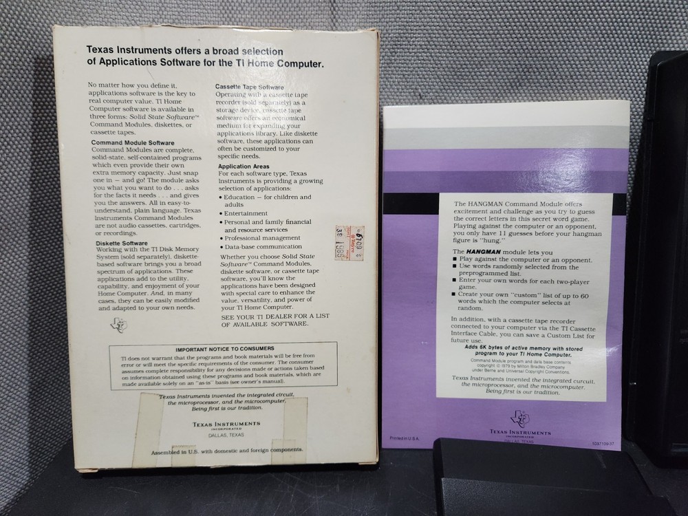 TI99-4a Home Computer Hangman Command Module Rare CIB Complete In Box